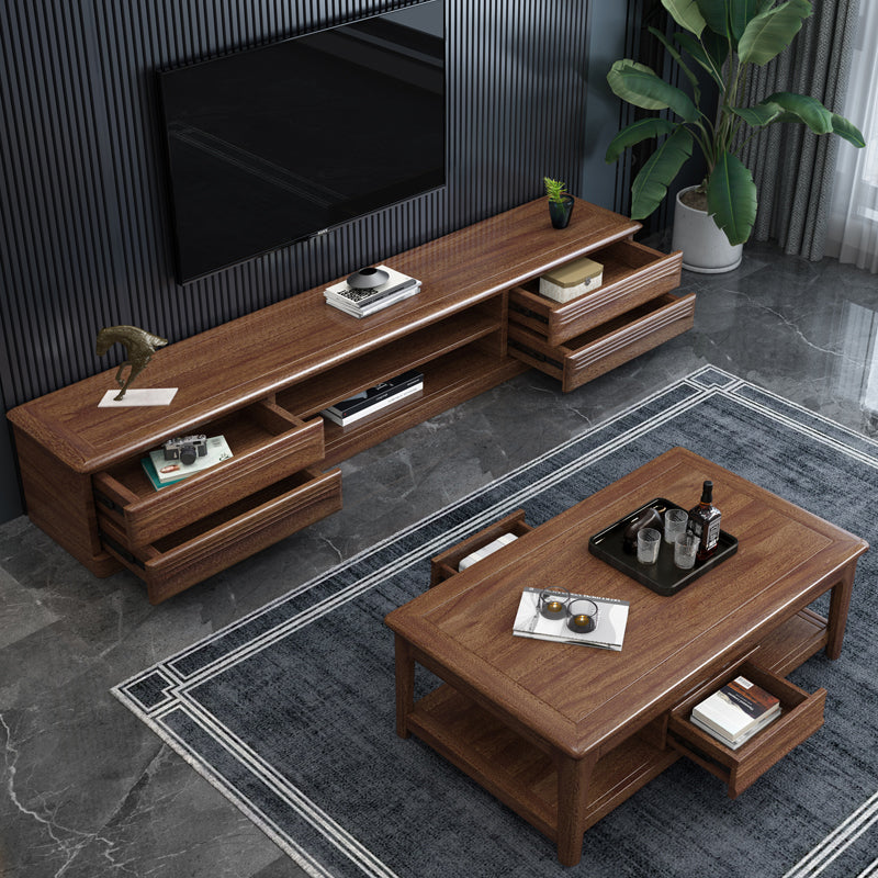 Solid Wood Coffee Table with Storage Drawers and 4 Legs Brown