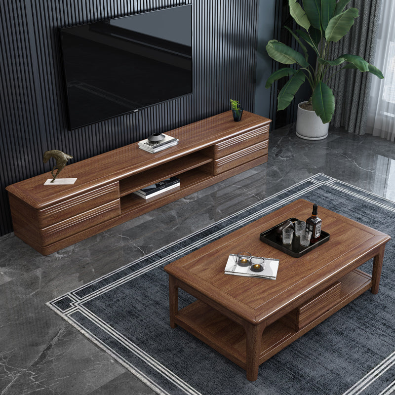 Solid Wood Coffee Table with Storage Drawers and 4 Legs Brown