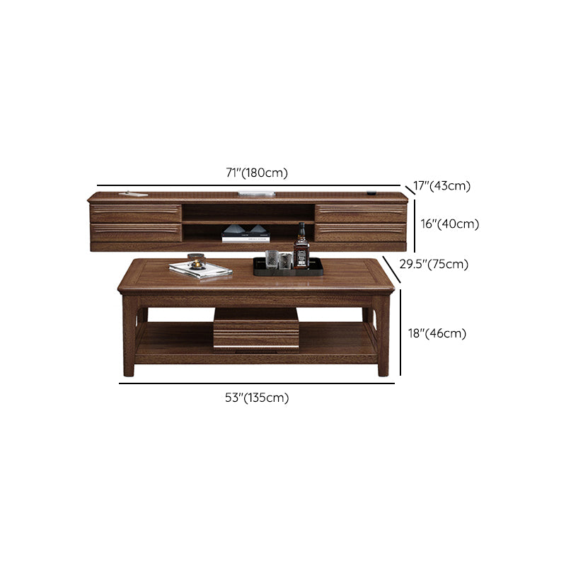 Solid Wood Coffee Table with Storage Drawers and 4 Legs Brown