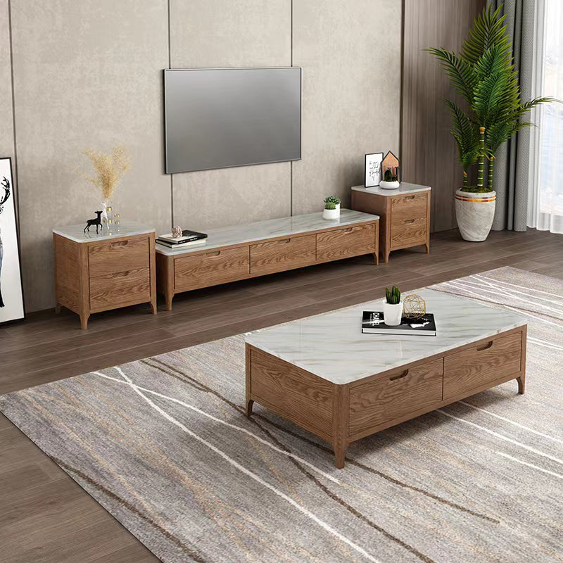 Solid Wood 4 Legs Coffee Table with Storage Drawers Marble Top