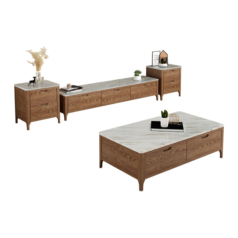 Solid Wood 4 Legs Coffee Table with Storage Drawers Marble Top