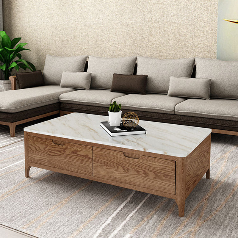 Solid Wood 4 Legs Coffee Table with Storage Drawers Marble Top