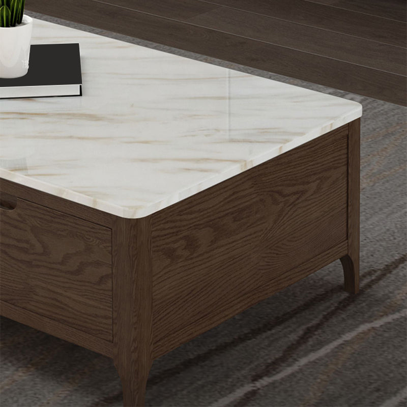 Solid Wood 4 Legs Coffee Table with Storage Drawers Marble Top
