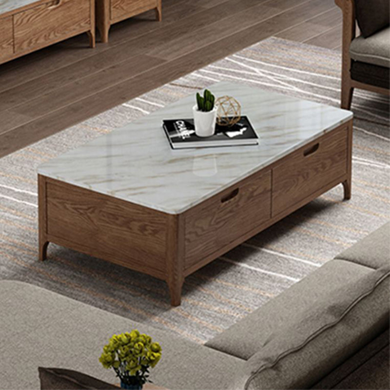 Solid Wood 4 Legs Coffee Table with Storage Drawers Marble Top