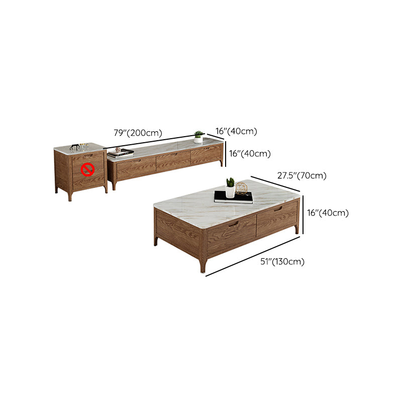 Solid Wood 4 Legs Coffee Table with Storage Drawers Marble Top