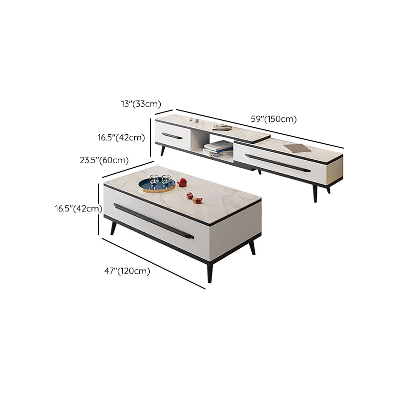 Slate Top 4 Legs Coffee Table with Storage Drawers Contemporary White