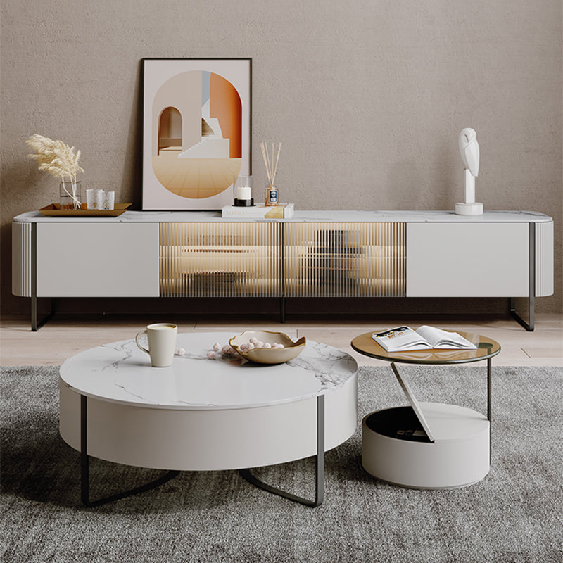 Slate Top Sled Coffee Table with Storage Contemporary White Round