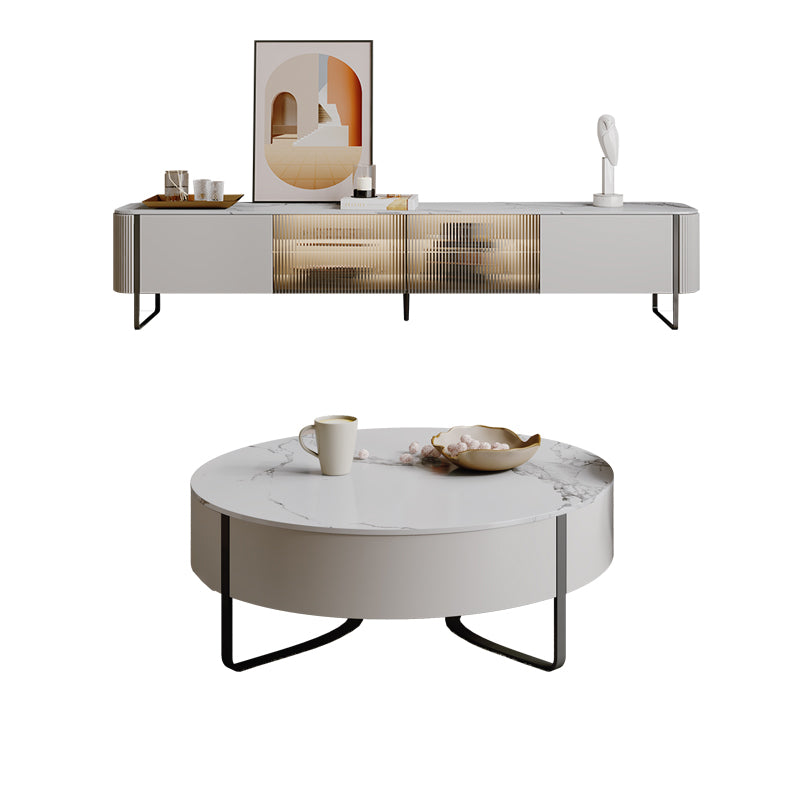 Slate Top Sled Coffee Table with Storage Contemporary White Round