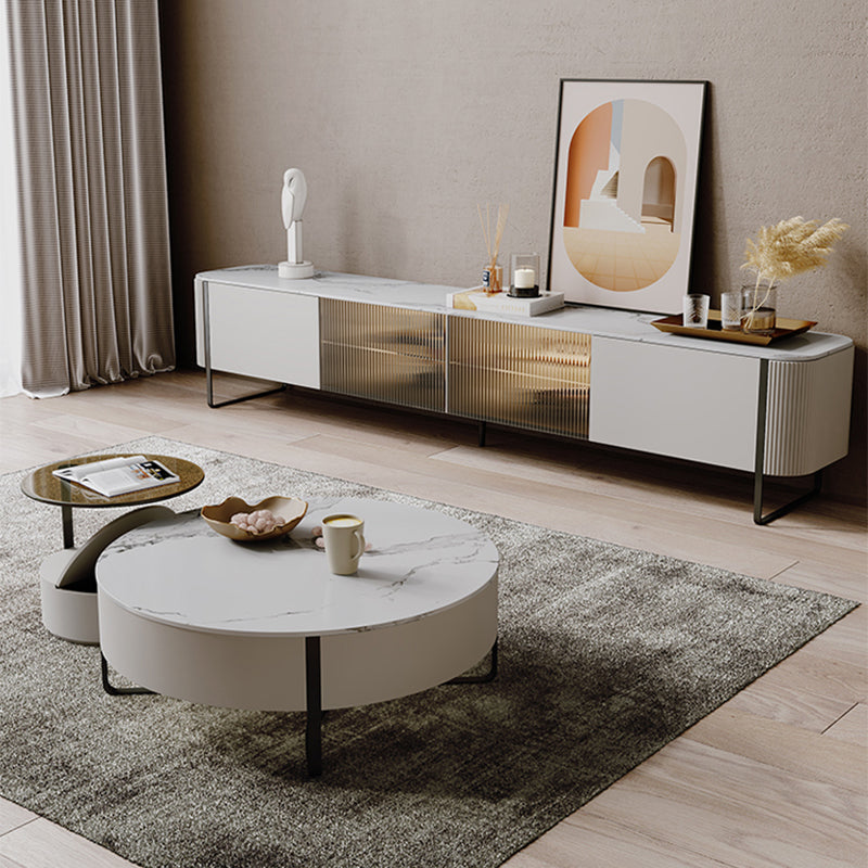 Slate Top Sled Coffee Table with Storage Contemporary White Round