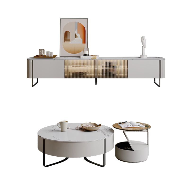 Slate Top Sled Coffee Table with Storage Contemporary White Round