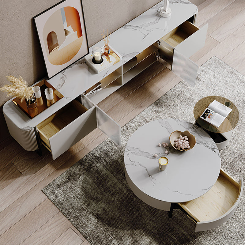 Slate Top Sled Coffee Table with Storage Contemporary White Round