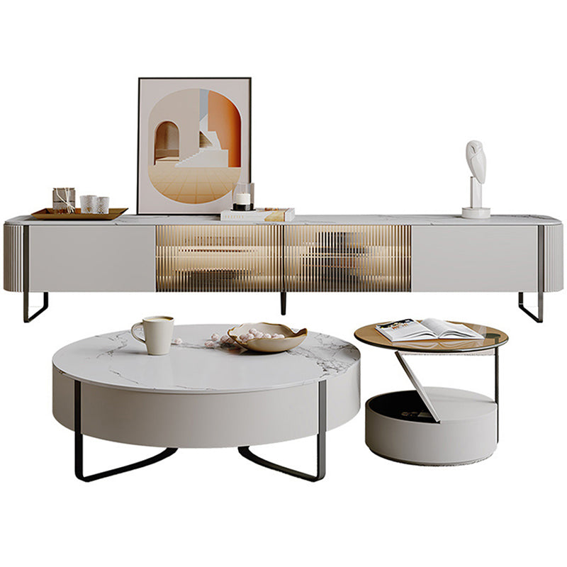 Slate Top Sled Coffee Table with Storage Contemporary White Round