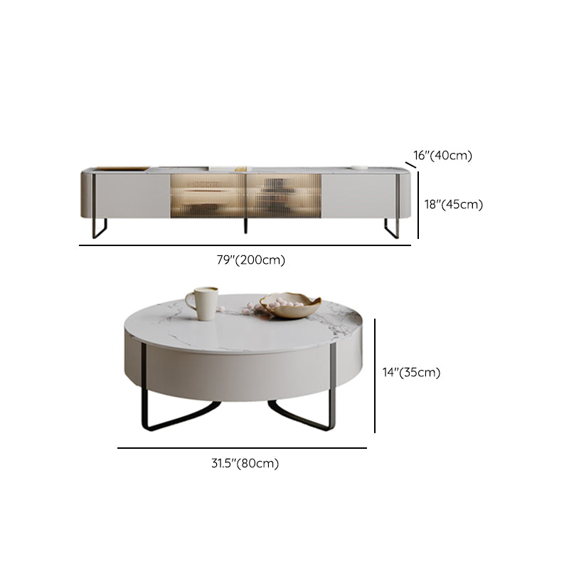 Slate Top Sled Coffee Table with Storage Contemporary White Round