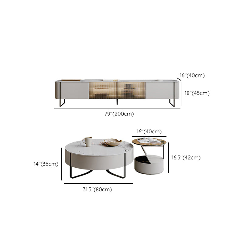 Slate Top Sled Coffee Table with Storage Contemporary White Round