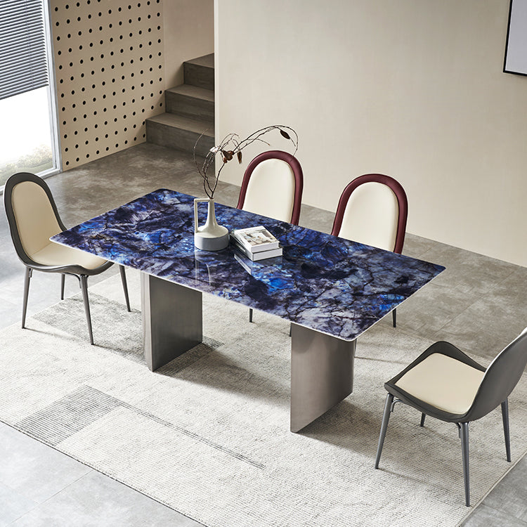 Simplicity Style Rectangle Stone Fixed Dinner Table with Double Pedestal