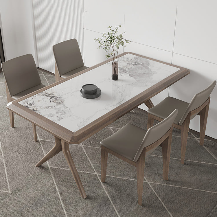 Modern Rectangular Stone Top Dining Table with Solid Wood Legs for Living Room