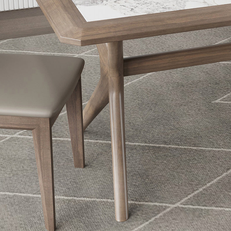 Modern Rectangular Stone Top Dining Table with Solid Wood Legs for Living Room