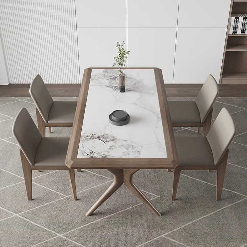 Modern Rectangular Stone Top Dining Table with Solid Wood Legs for Living Room