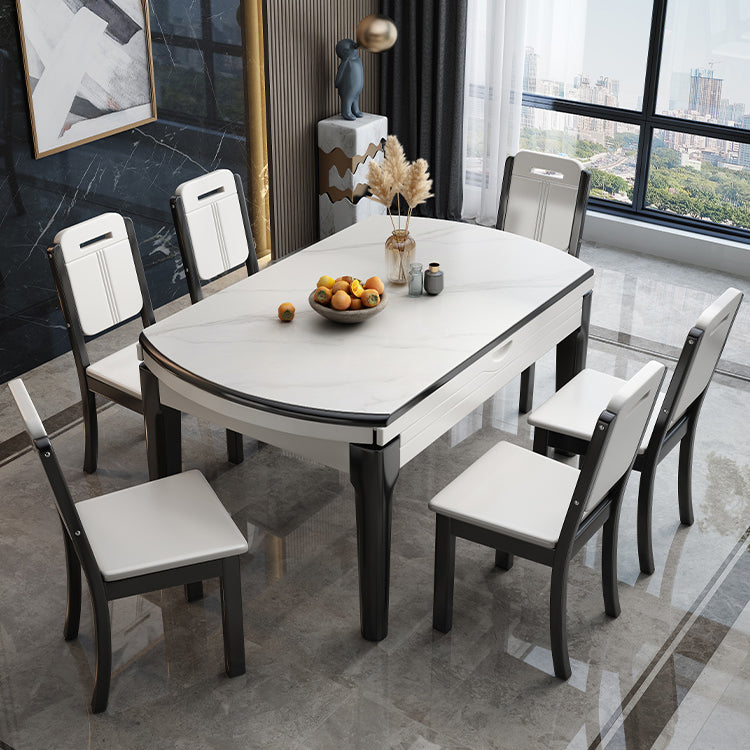 Modern Round Stone Top Dining Table Extendable for Small Spaces with Storage