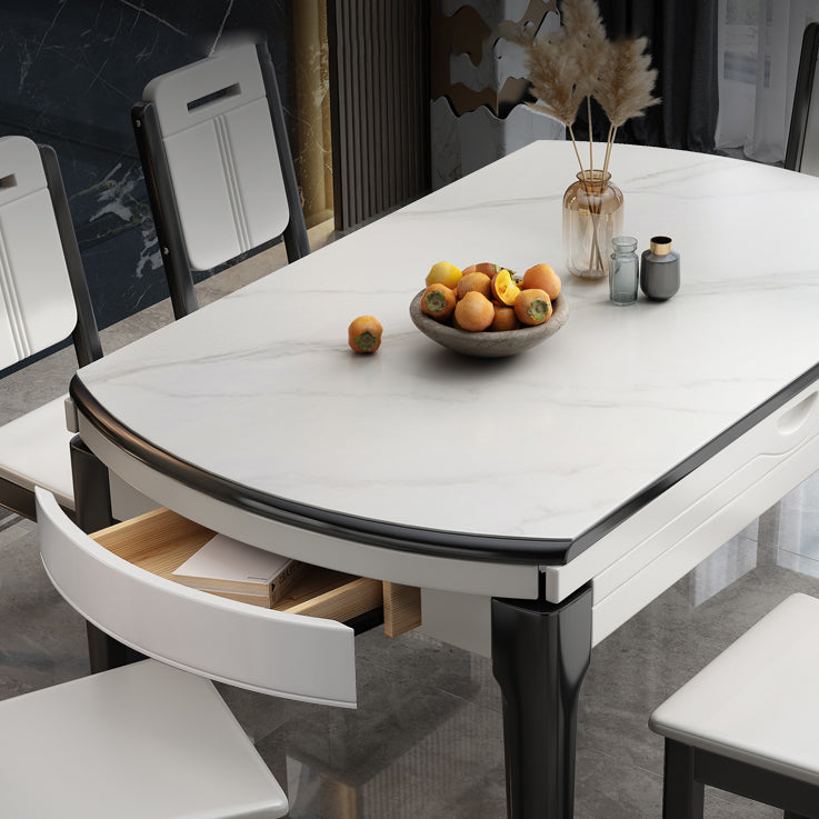 Modern Round Stone Top Dining Table Extendable for Small Spaces with Storage