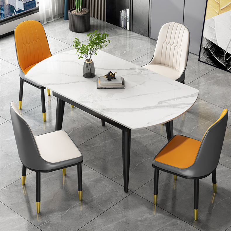 Round Dining Table White Stone Table Top with Black Metal Legs