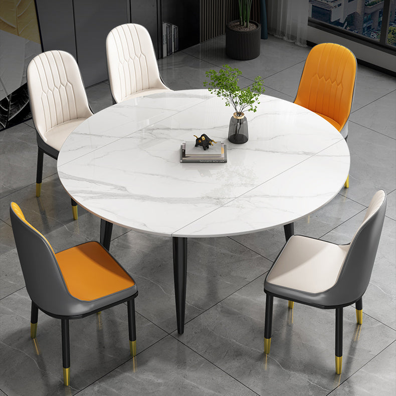 Round Dining Table White Stone Table Top with Black Metal Legs