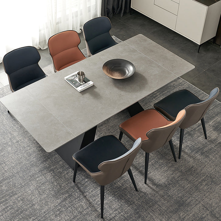 Rectangular Dining Table Modern Grey Stone Table Top with Black Metal Base