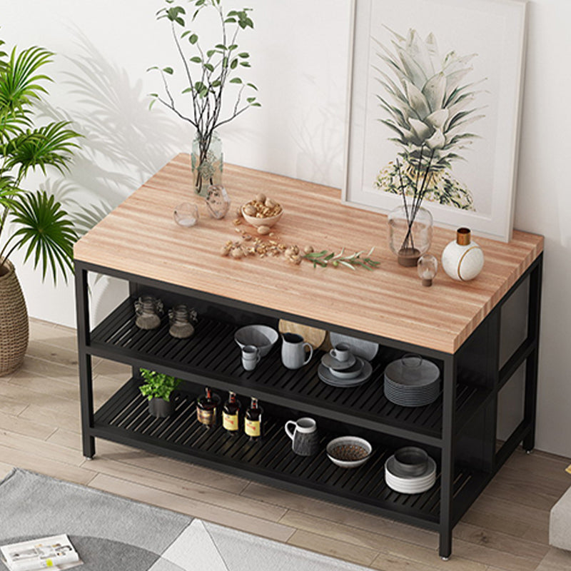 Light Wood Finish Kitchen Island Table with Metal Open Storage