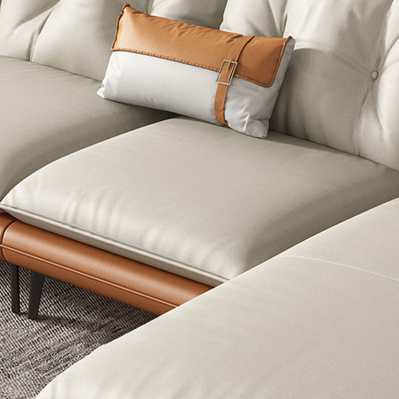 Modern Wood Frame Genuine Leather Flared Arm Sofa with Tufted Back
