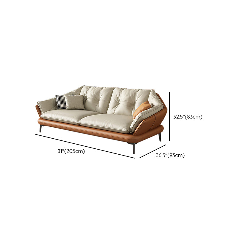 Modern Wood Frame Genuine Leather Flared Arm Sofa with Tufted Back
