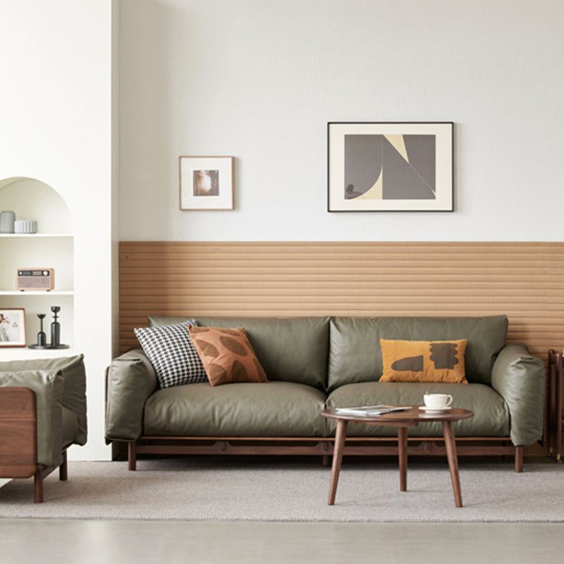 Scandinavian Solid Wood Leather Square Arm Sofa for Living Room