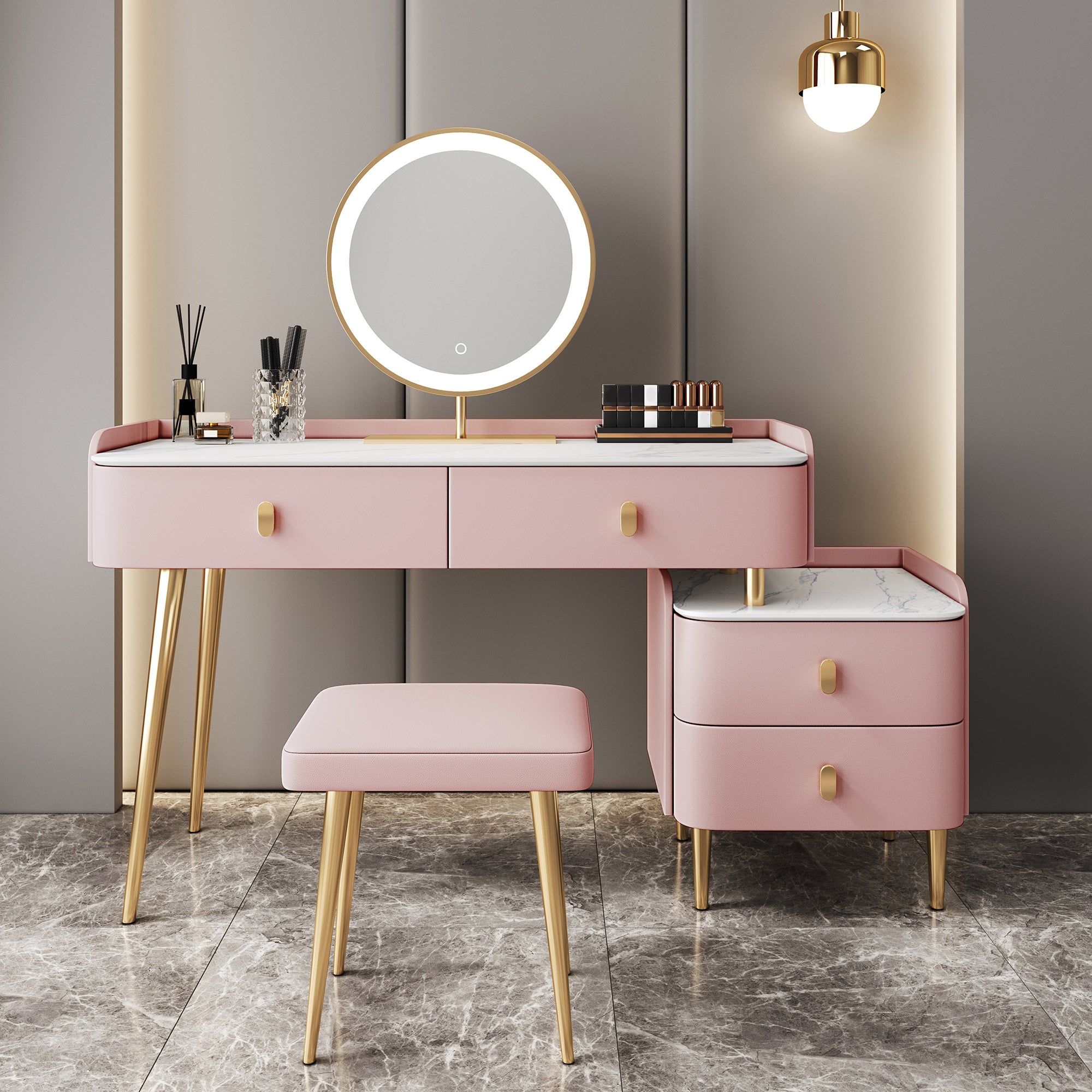 Modern with Drawer Lighted Mirror Solid Wood Bedroom Vanity Dressing Table