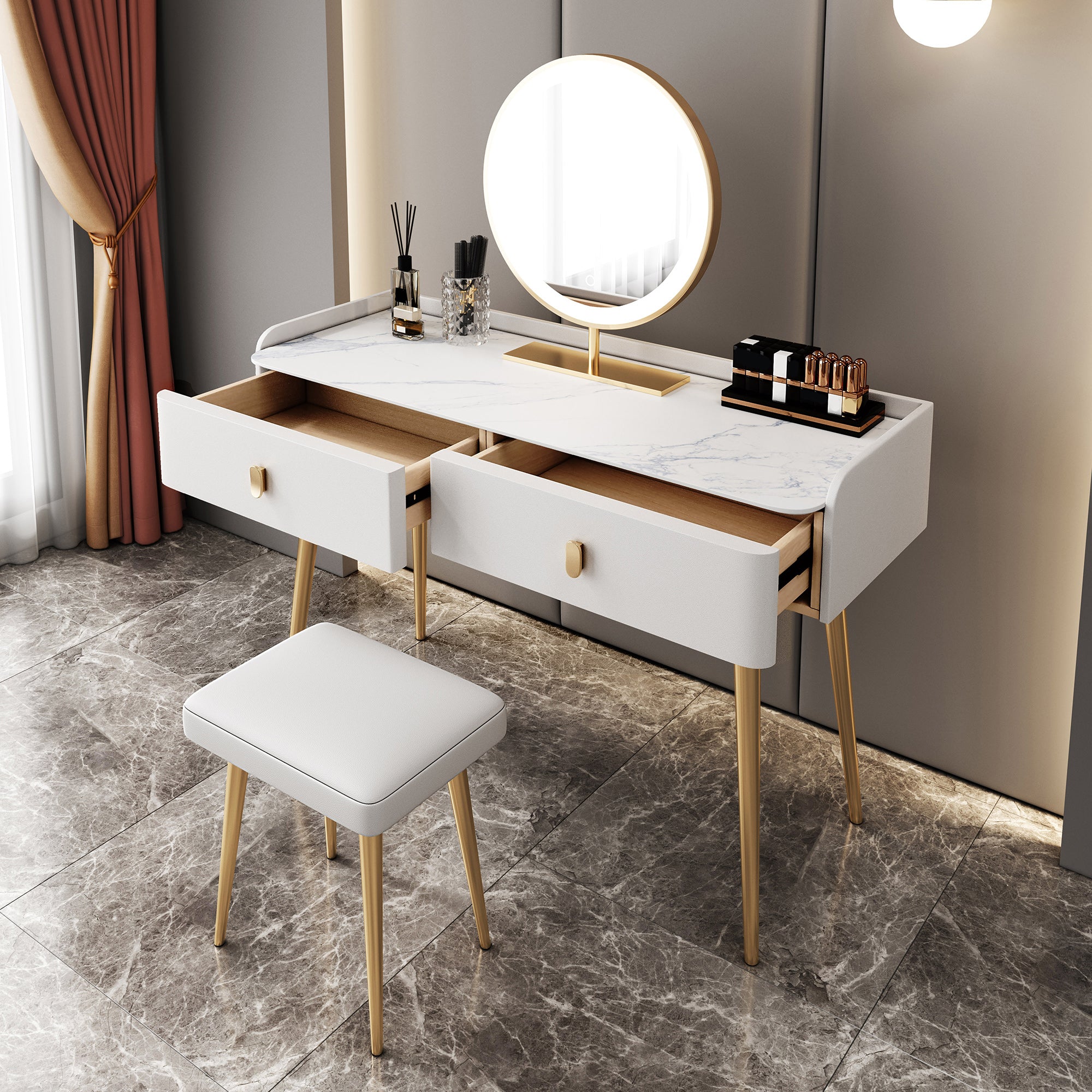 Modern with Drawer Lighted Mirror Solid Wood Bedroom Vanity Dressing Table