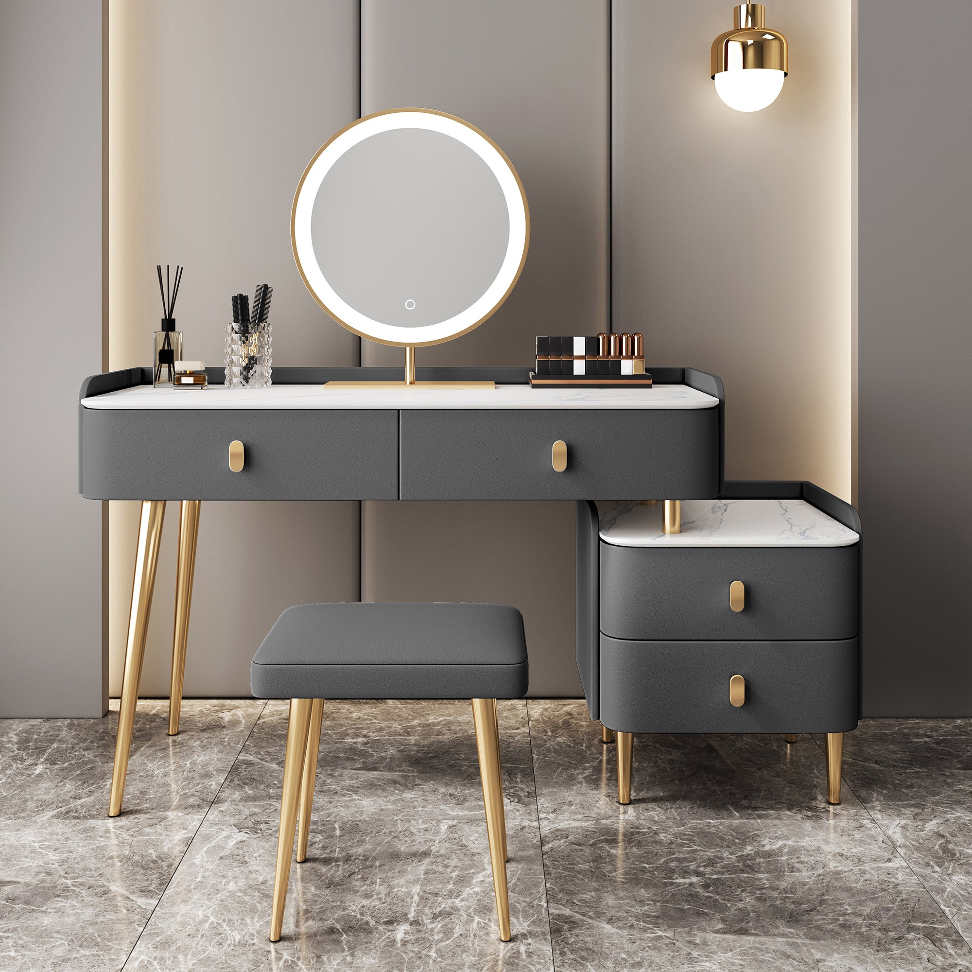 Modern with Drawer Lighted Mirror Solid Wood Bedroom Vanity Dressing Table