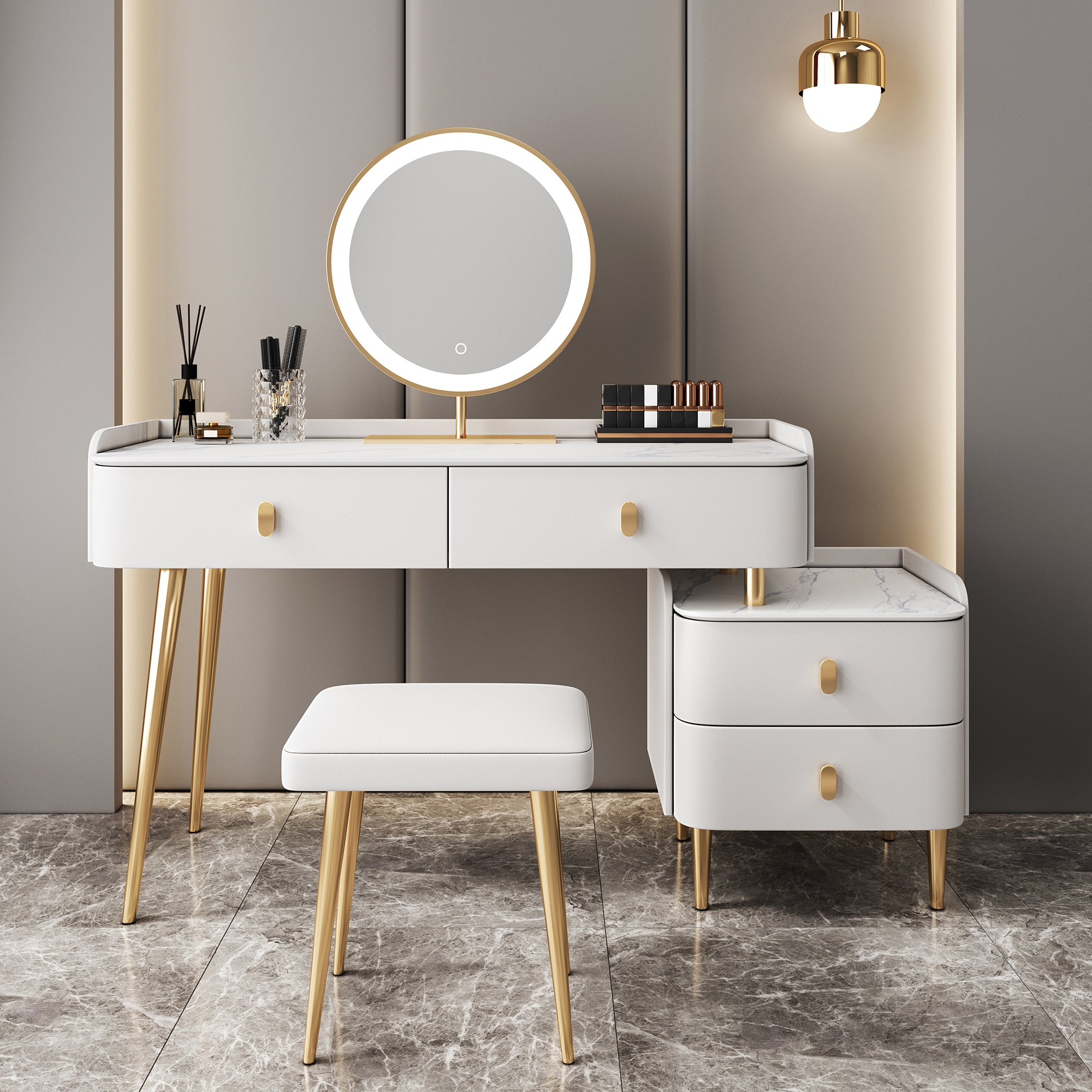 Modern with Drawer Lighted Mirror Solid Wood Bedroom Vanity Dressing Table