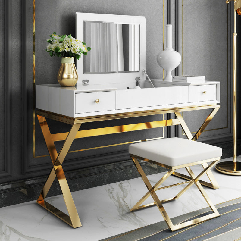 Contemporary White With Stool Mirror Bedroom Metallic Make-up Vanity
