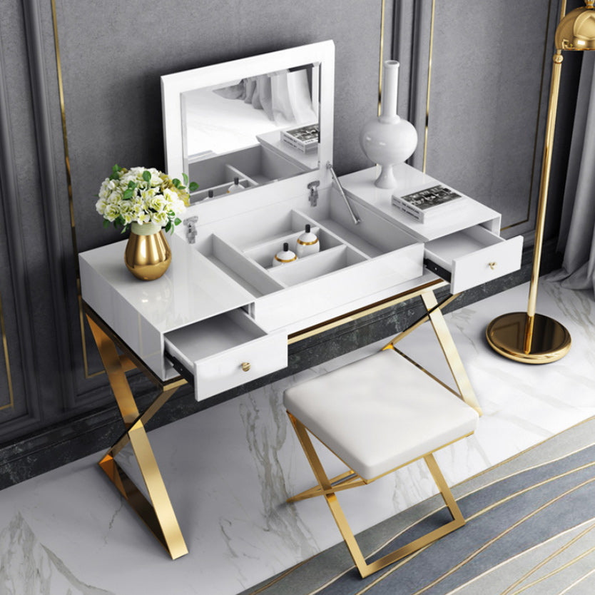 Contemporary White With Stool Mirror Bedroom Metallic Make-up Vanity
