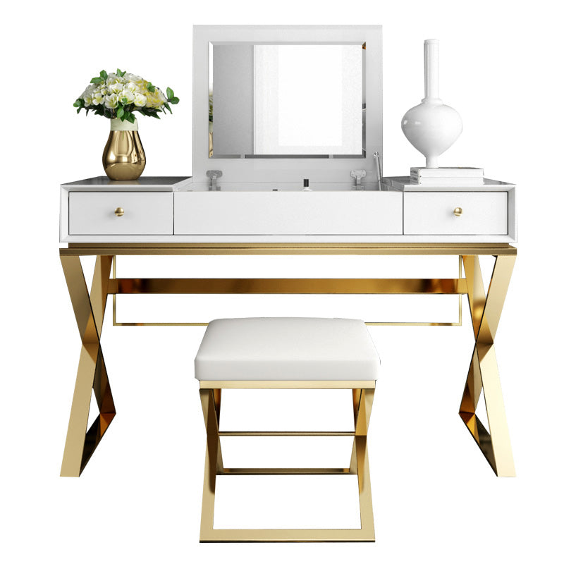 Contemporary White With Stool Mirror Bedroom Metallic Make-up Vanity