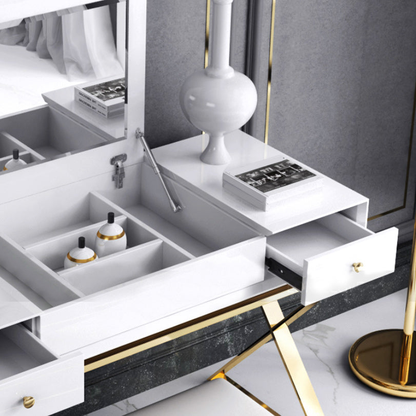 Contemporary White With Stool Mirror Bedroom Metallic Make-up Vanity