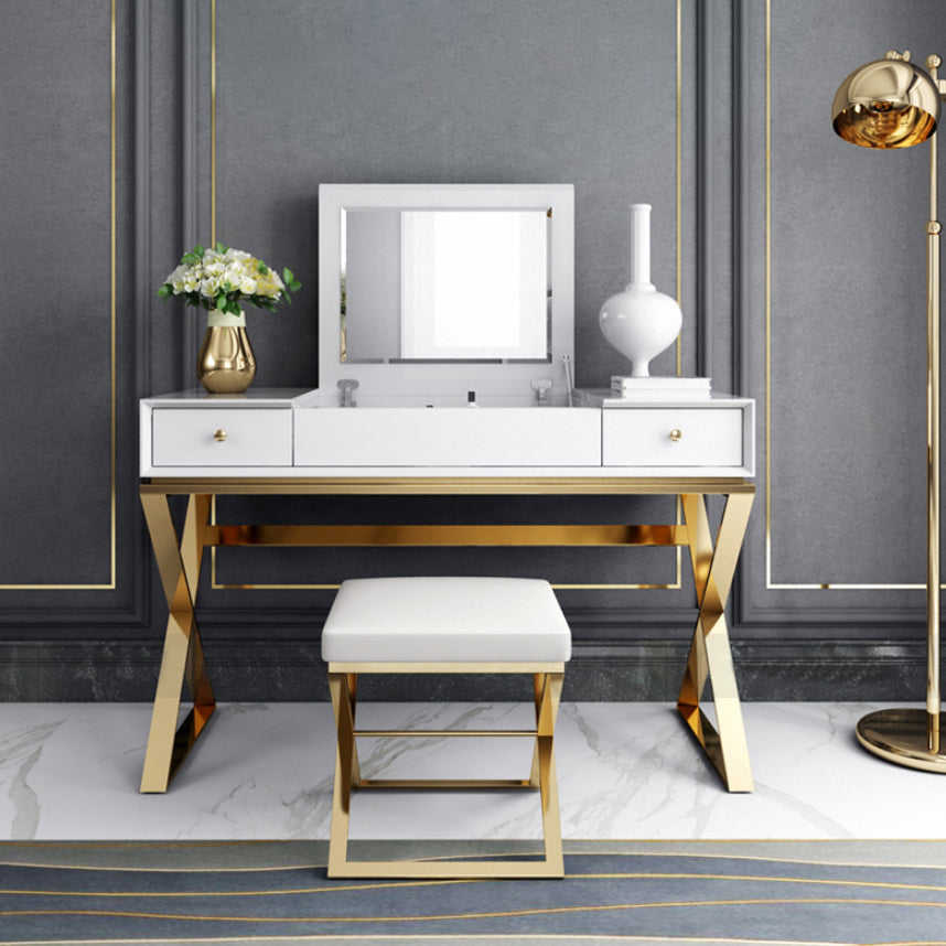 Contemporary White With Stool Mirror Bedroom Metallic Make-up Vanity