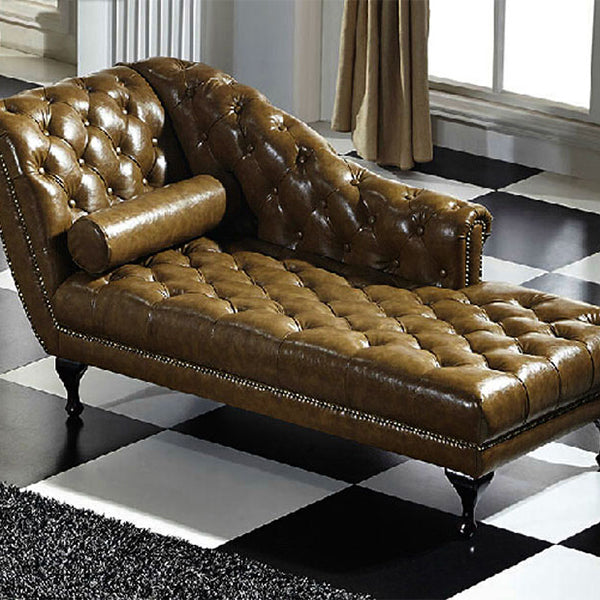 Living Room Chaise Flare Arm Leather Chaise Lounge with Tufted Upholster