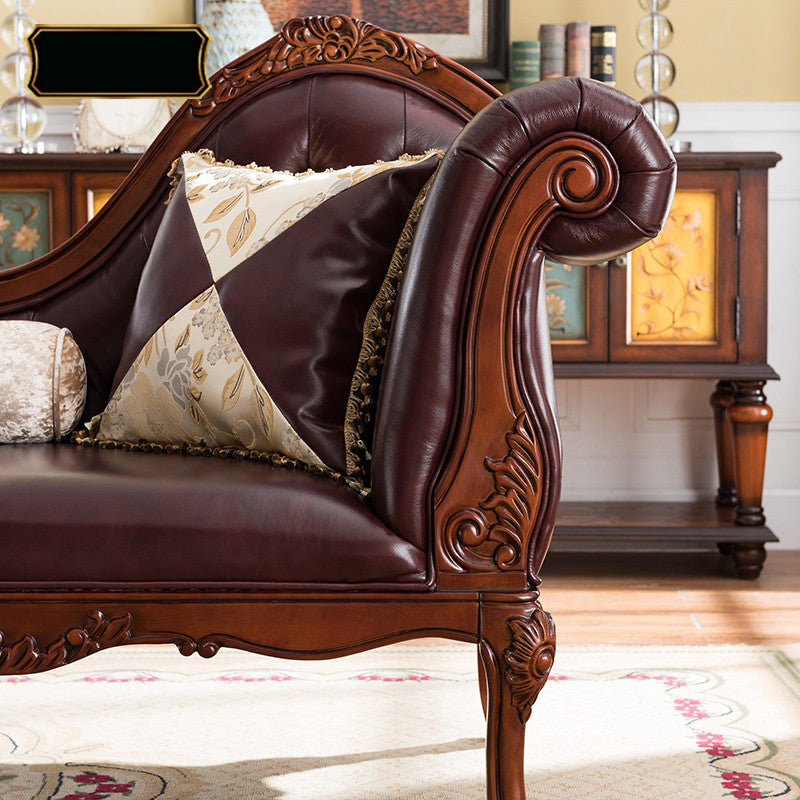 Traditional Brown Genuine Leather Chaise Rolled Arms Tufted Accent Chair