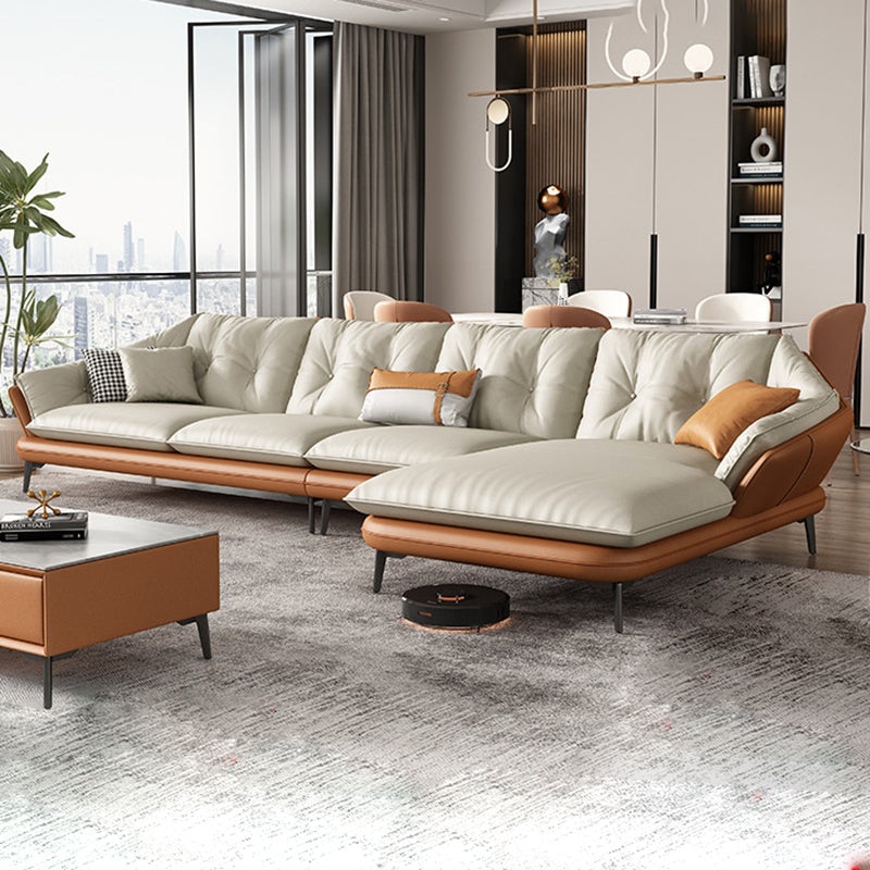 Tufted Genuine Leather Sectionals Flared Arm Beige Cushions Sectional Sofa