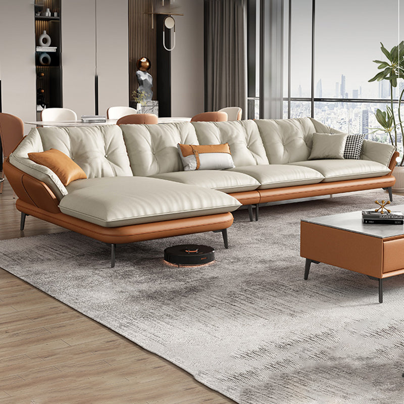 Tufted Genuine Leather Sectionals Flared Arm Beige Cushions Sectional Sofa