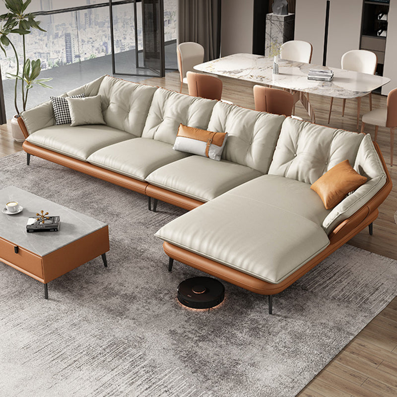 Tufted Genuine Leather Sectionals Flared Arm Beige Cushions Sectional Sofa
