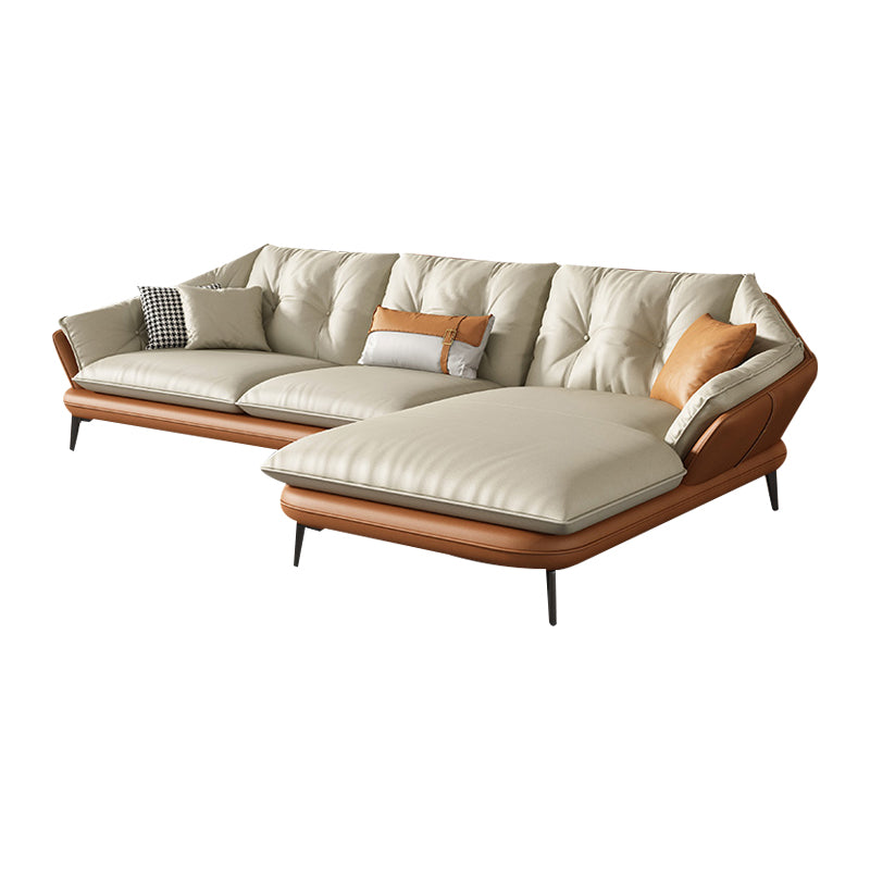 Tufted Genuine Leather Sectionals Flared Arm Beige Cushions Sectional Sofa