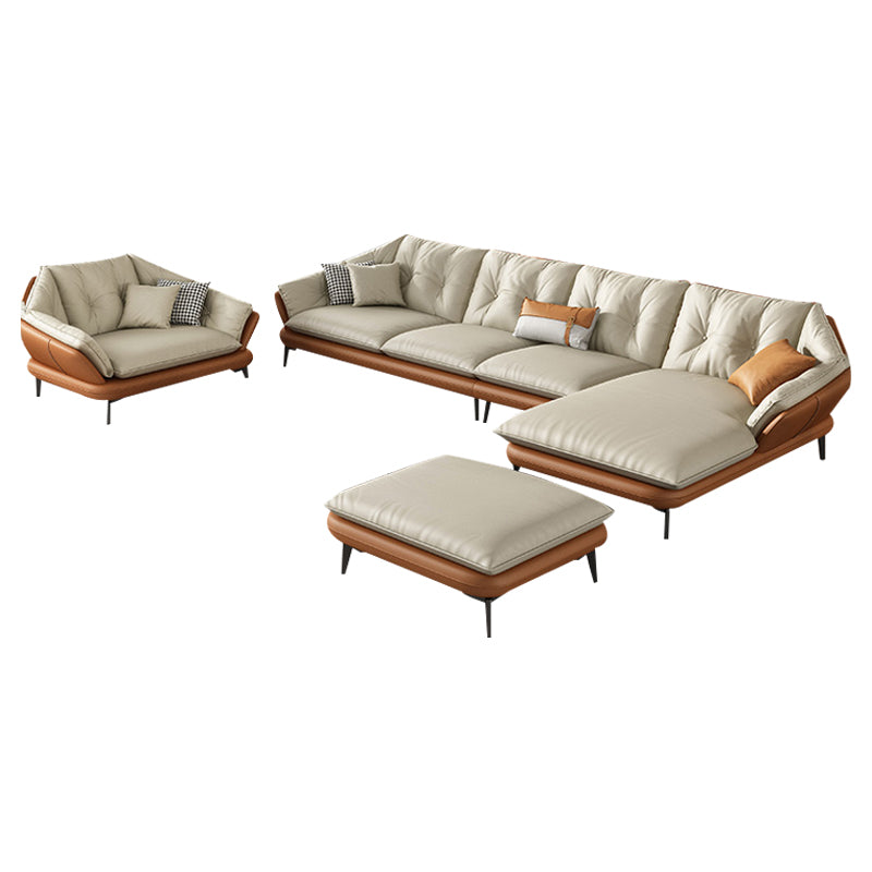 Tufted Genuine Leather Sectionals Flared Arm Beige Cushions Sectional Sofa