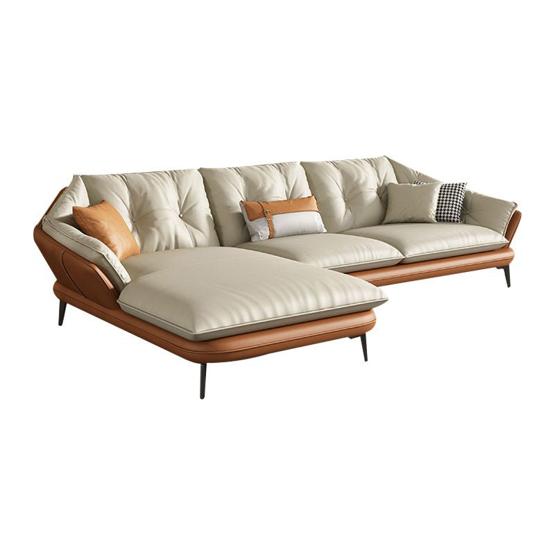 Tufted Genuine Leather Sectionals Flared Arm Beige Cushions Sectional Sofa