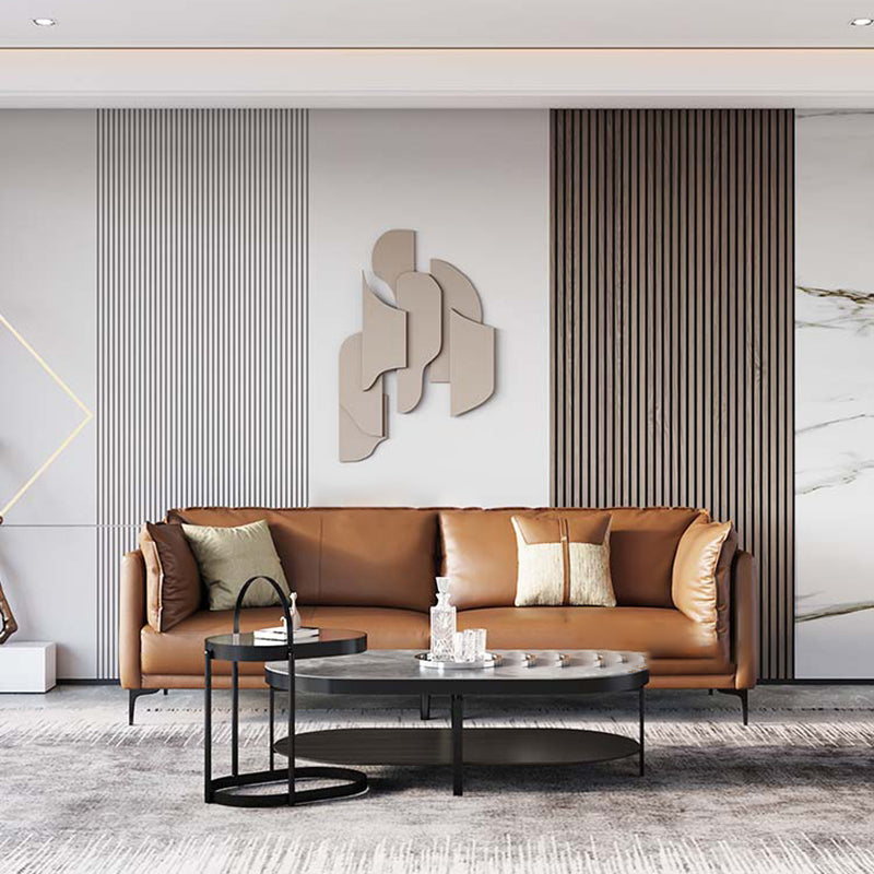 Contemporary Square Arm Sectional Genuine Leather Stationary Sectional Set