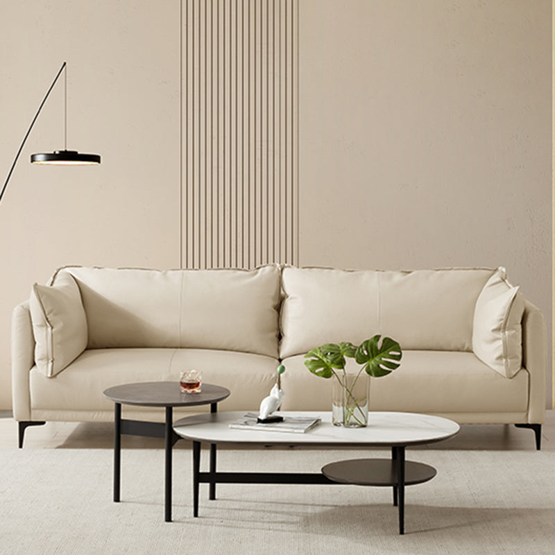 Contemporary Square Arm Sectional Genuine Leather Stationary Sectional Set